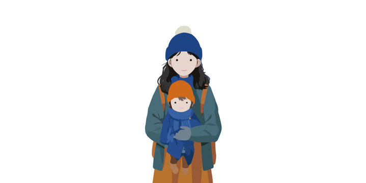 Eine Frau mit einem Kind im Arm, beide in Winterkleidung, vor einem wei&szlig;en Hintergrund.