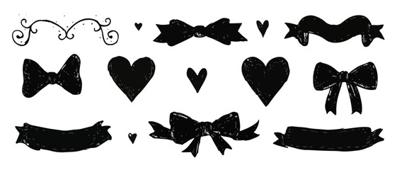 Schwarze Silhouetten von Schleifen, Herzen und B&auml;ndern auf transparentem Hintergrund f&uuml;r Designelemente