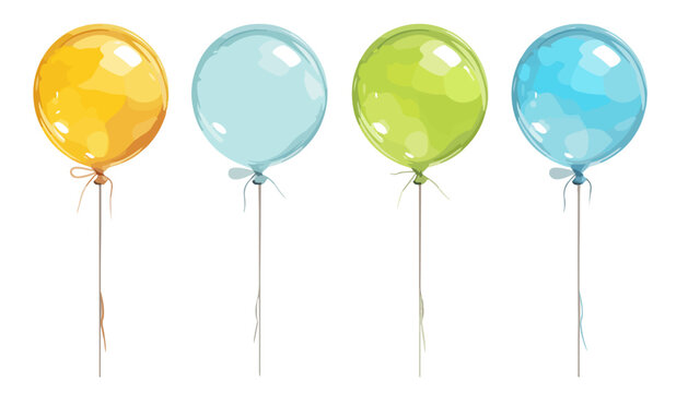 Vier bunte, transparente Ballons schweben an d&uuml;nnen Schn&uuml;ren vor wei&szlig;em Hintergrund, leicht und fr&ouml;hlich.