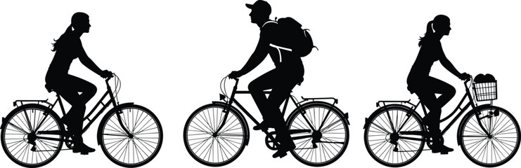 Obraz premium Cycling people silhouettes showing men and women riding bicycles urban commute lifestyle black vector illustration isolated white background design collection