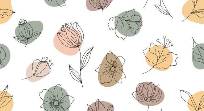 A seamless pattern of various flowers and leaves in muted colors on a white background.