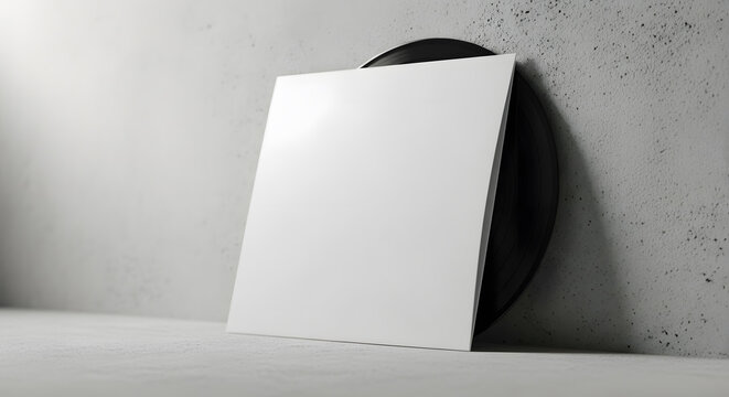 Minimalist mock up of an empty square music album sleeve with a black vinyl disc