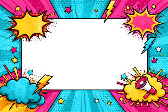 Retro comic style speech bubble frame with megaphone, lightning, and stars on vibrant sunburst background, empty white copy space for text.