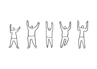 Fototapeta premium 手を挙げて喜ぶ人々の手描きイラストセット1