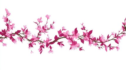 A blossoming cherry branch with pink flowers and green leaves against a white background