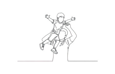 Fototapeta premium Single line drawing father carrying son on shoulders, family love and childhood joy