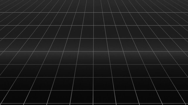A dark, minimalist grid pattern receding into the distance, creating a futuristic perspective background.