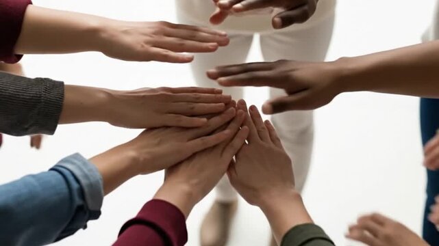 Diverse group of people putting hands together in a circle