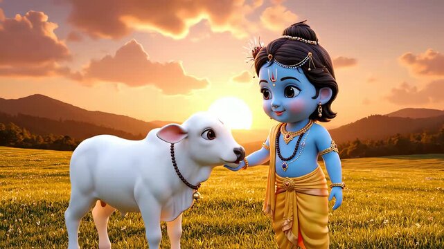 Little krishna gently petting a white calf in a stunning 3d illustration against a warm golden sunset.