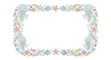 Cute ocean frame with jellyfish, sea creatures, and flowers in a whimsical underwater scene for nursery art and kids illustration
