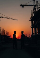 Construction Workers Silhouetted Against a Vibrant Sunset at a Building Site.