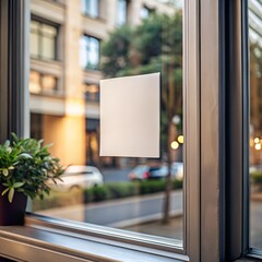 A blank white note on a window with a city view