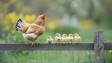 Fototapeta premium hen and chicks perched on a wooden fence in a garden.