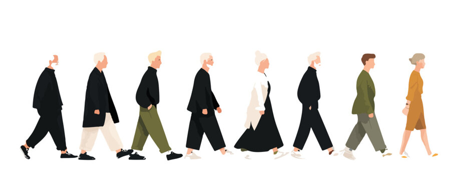 Ilustra&ccedil;&atilde;o de diversos personagens idosos andando em linha reta, design minimalista de figuras humanas em estilo plano com fundo transparente.