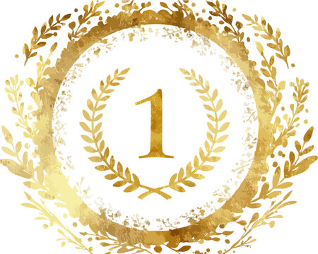 Emblema dourado elegante com o n&uacute;mero um centralizado e moldura de folhas de louro em textura de aquarela para premiar o primeiro lugar.