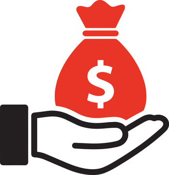 Human hand holding a red money bag with a prominent dollar sign representing finance and savings