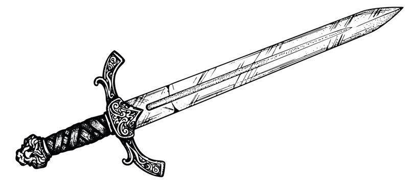 Hand drawn line art illustration of a medieval sword depicting an ornate hilt for fantasy games