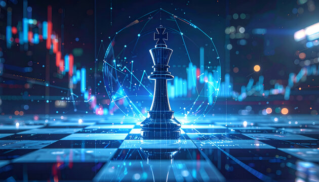 Abstract illustration of corporate strategy, showing a chess king enhanced by futuristic data graphics.