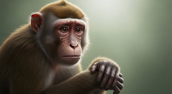 Primate sitting down looking unhappy