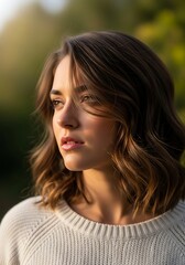 Naklejka premium Contemplative Woman in Natural Light - A Portrait of Serenity.