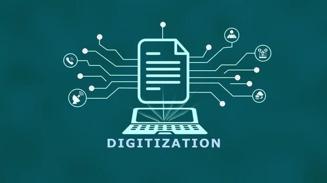 Digitization concept with cloud document platform, digital data conversion and enterprise IT transformation infrastructure.