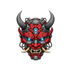 Fototapeta premium Cyberpunk oni mask with blue glowing eyes and metallic details, futuristic demon concept
