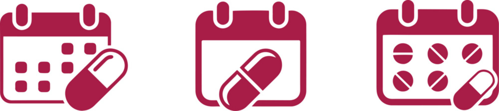 Three simple maroon calendar icons display medication reminders and daily pill schedules