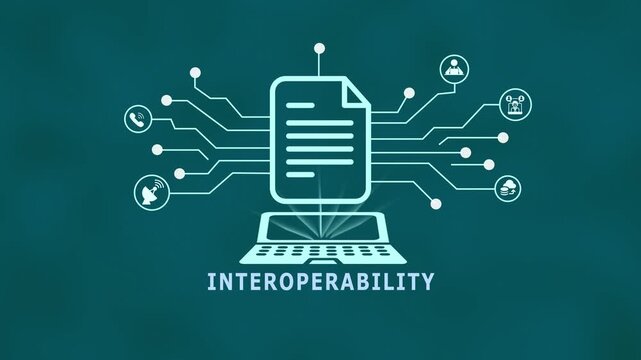 Interoperability concept with cloud document platform, connected systems integration and enterprise IT data exchange network.