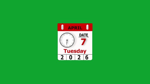 April 7, 2026 Calendar Icon with Clock. Tuesday Date concept calendar icon Background.