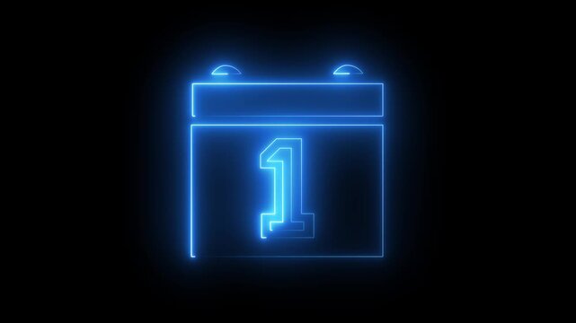 Neon blue calendar icon with number one for May Day holiday reminder and international labor day date on black