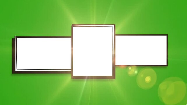 Vibrant green background with dynamic light effects and blank white rectangle
