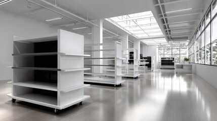 Modern Minimalist Interior of an Empty Retail Space with Shelves