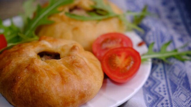 Mongolian buuz, dumplings with meat, savory fried dumplings filled with juicy meat, served on a plate with herb, arugula, tomatoes. Artisanal food	