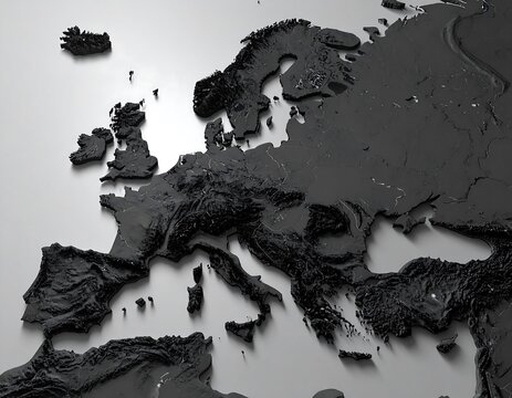 Relief map of Europe in black, showing terrain elevations and coastlines, on a light gray background