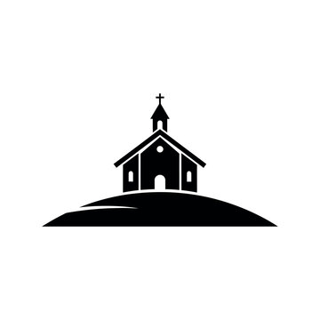 Simple Black Silhouette of a Church on a Hill.