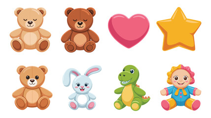 Fototapeta premium Plush toy vector icons with teddy bears, soft heart, yellow star, white bunny, cute baby graphics for gift design projects