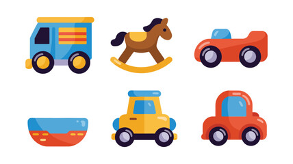Naklejka premium Kids toy vehicle vector set with truck, car, convertible, boat, rocking horse, preschool playroom graphics for birthday party decor
