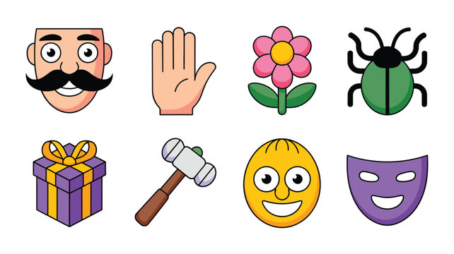 Funny prank day vector icons with mustache face, raised hand, flower, bug, hammer, smile emoji, theater mask, humor collection party
