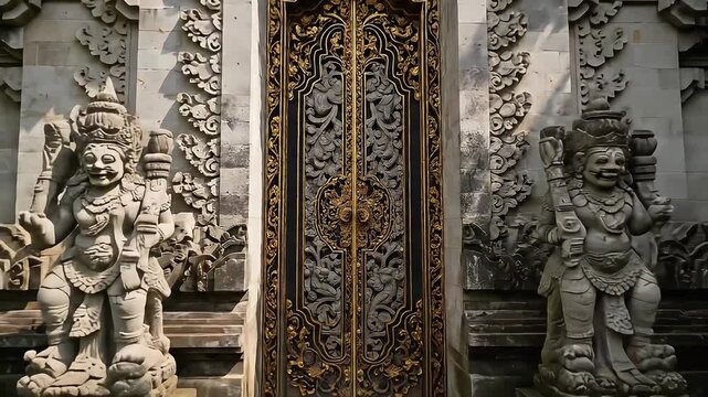 A slow push-in shot towards a classic, ornately carved Balinese stone doorway (candi bentar), with lush ferns and flowers framing the entrance