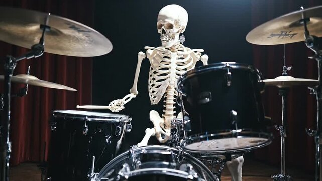 Skeleton Playing Drums on Stage.