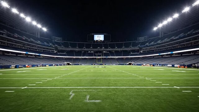 Empty American Football Stadium at Night with Bright Floodlights Illuminating the Green Field.