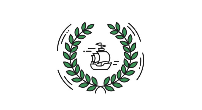 Minimalist line art icon depicting a sailing ship within a distinguished laurel wreath symbolizing