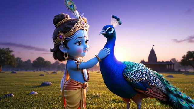 Little krishna, rendered in vibrant 3d art, gently pets a majestic peacock on a grassy field at sunset.