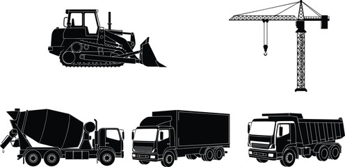 Heavy construction machinery silhouette set featuring bulldozer, tower crane, concrete mixer, cargo truck, and dump truck for industrial construction © Ayejoddin