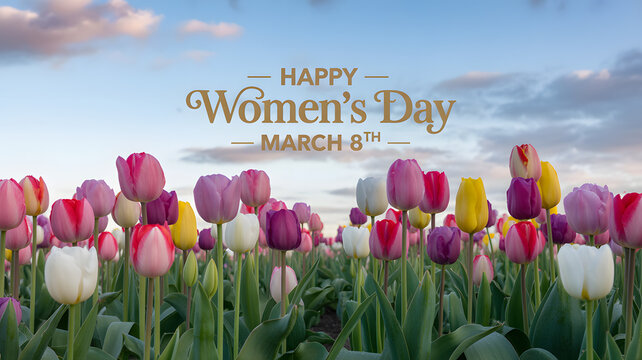 Happy womens day on march 8 with a field of colorful tulips under a blue sky