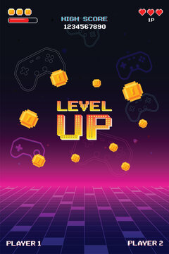 level up. pixel art 8 bit. Retro Futurism Sci-Fi Background. glowing neon grid. and stars from vintage arcade computer games. Vertical Backgrounds