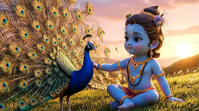 The charming 3d rendered child deity little krishna gently touches a magnificent peacock at golden sunset.