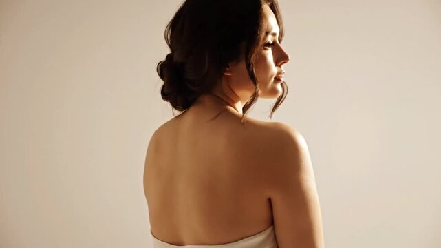 Elegant woman in strapless white wedding dress posing with bare back to camera, showcasing classic beauty and sophistication on her special day.