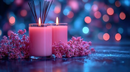 Two pink candles illuminate a dark surface with blurry bokeh background, sprigs of flowers present