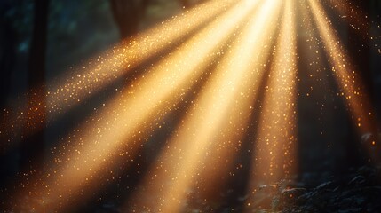 A vibrant woodland scene bathed in golden sunlight, with beams streaming through trees